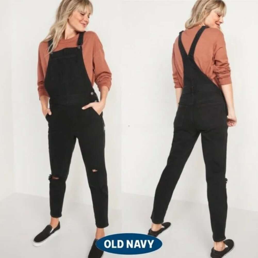 NWT Black Ripped Distressed Denim Jean Overalls, Old Navy O.G. Straight